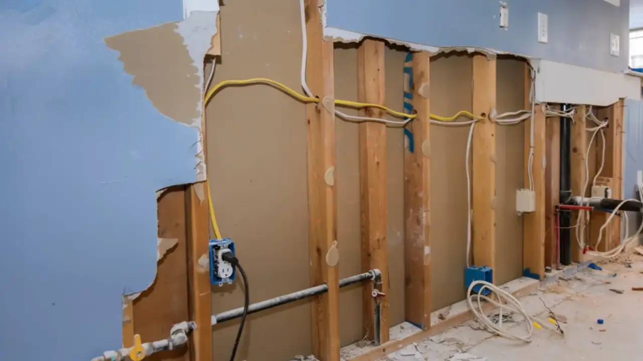 Interior wall opened along its lower half to expose bare wood studs with wiring and plumbing running inside the stud bays